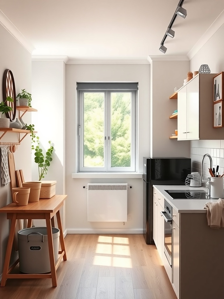 Small apartment kitchen with stylish storage containers on countertops.