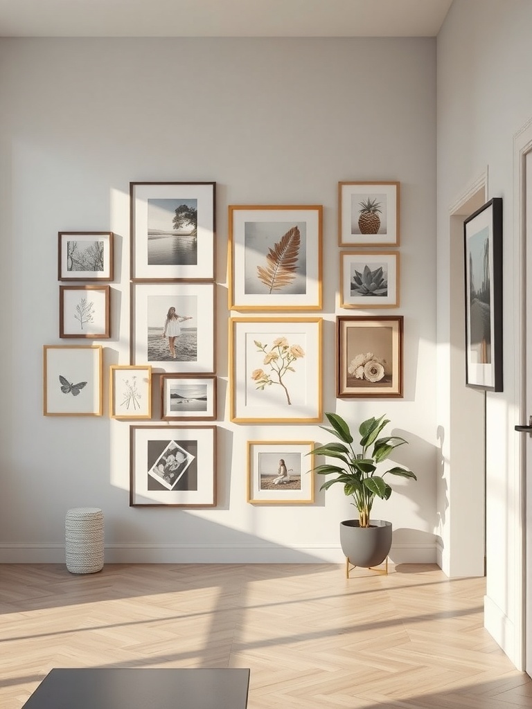 A stylish wall art display featuring various framed artworks and a potted plant in a small apartment.