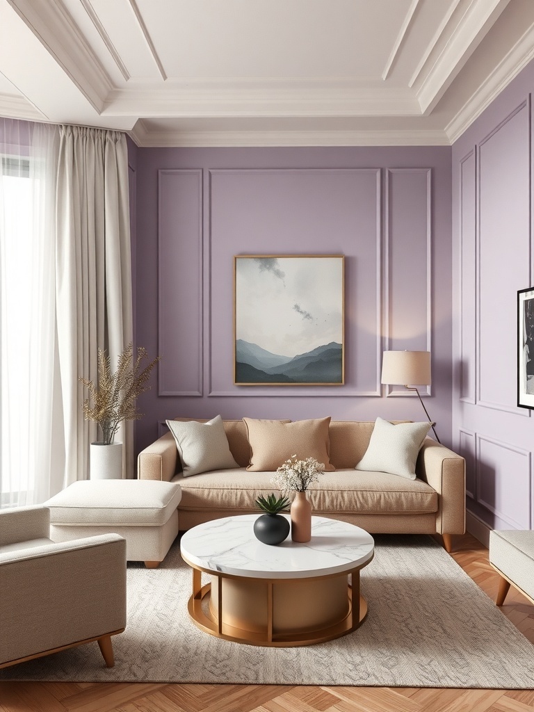 A small living room with lavender walls, neutral furniture, and decorative plants.