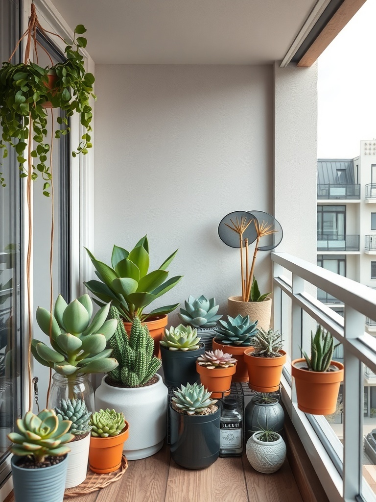 A collection of various succulents in pots on a small balcony.