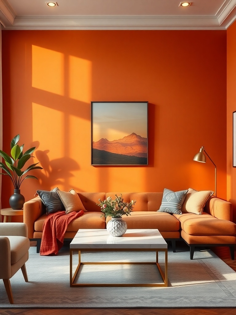 A small living room with sunset orange walls, an orange couch, and a light gray rug, featuring a coffee table and a plant.
