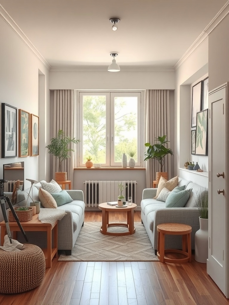 A cozy living room with eco-friendly decor, featuring plants, natural wood furniture, and soft textiles.