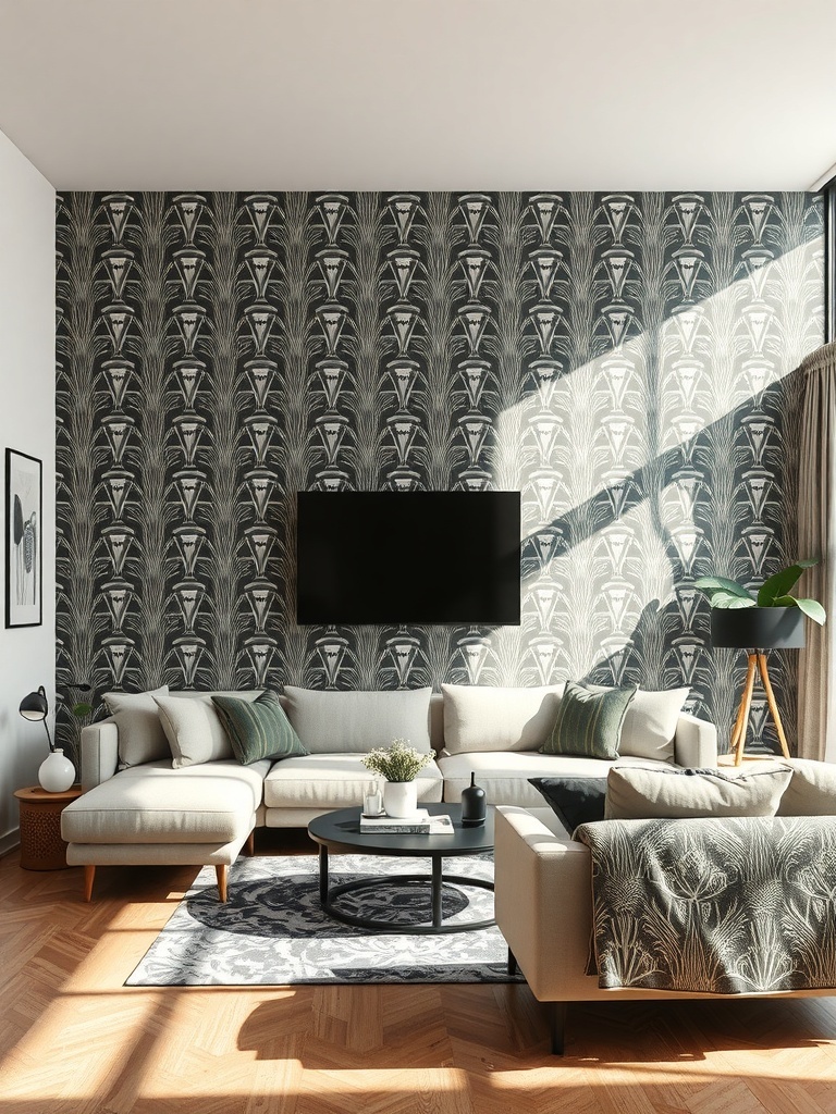 A stylish living room with bold black and white temporary wallpaper, a cozy sofa, and a modern coffee table.