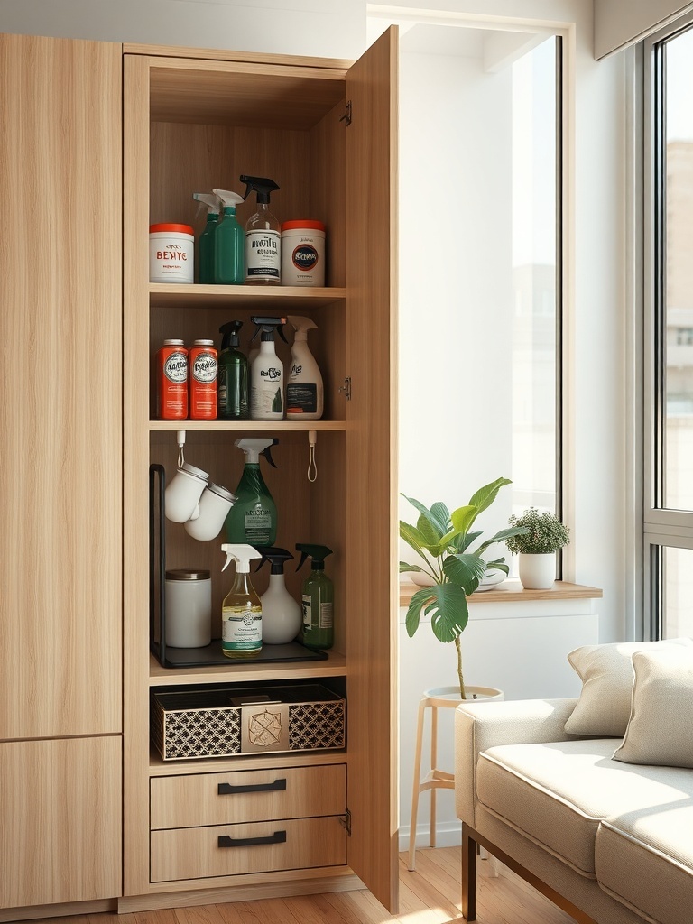 A wooden cabinet with cleaning supplies organized on shelves, featuring a tension rod for hanging items.