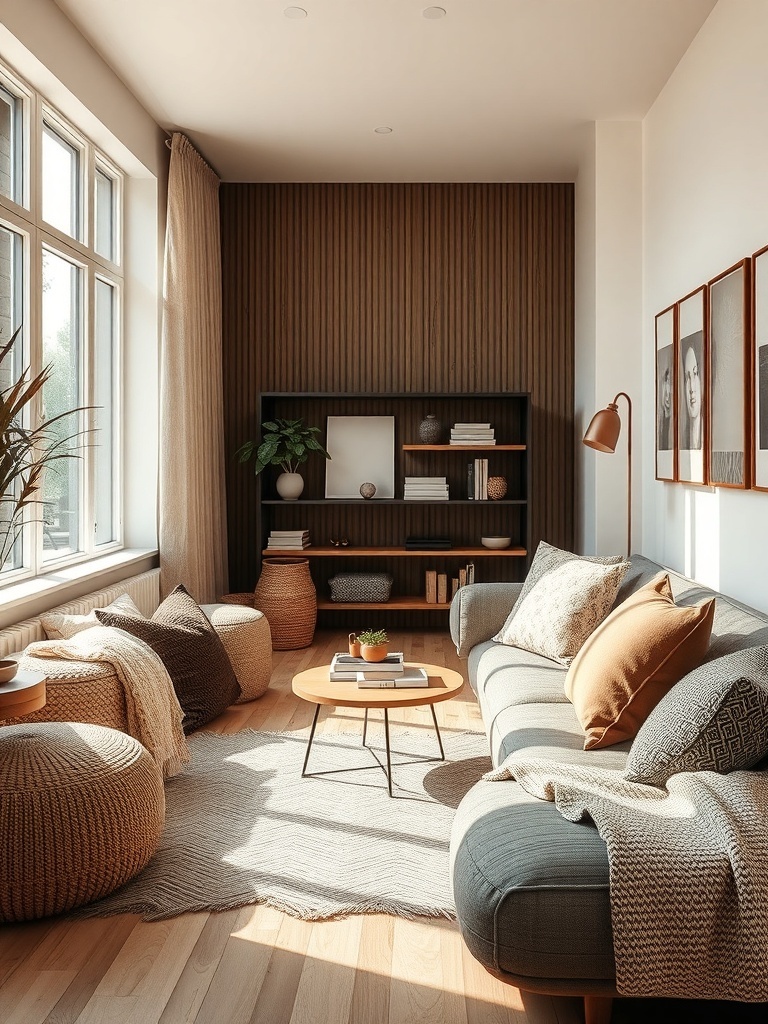 Cozy living room with textured fabrics, including cushions and a throw blanket, creating a warm atmosphere.