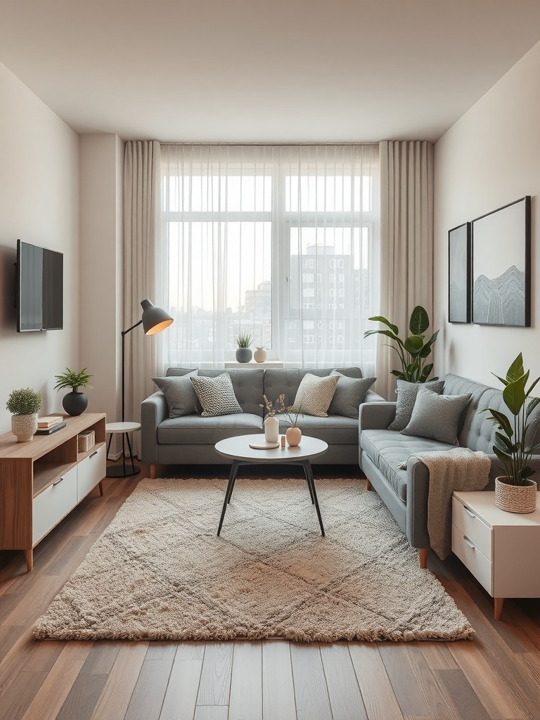 A cozy living room with a textured rug, gray sofa, and plants.