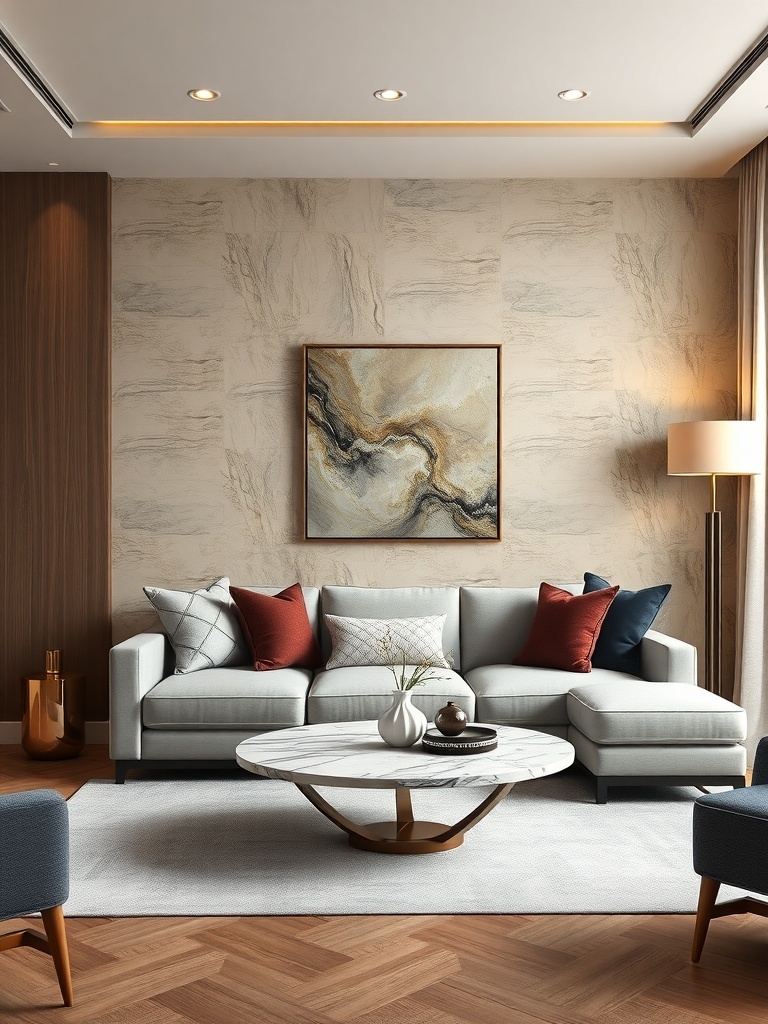 A small living room featuring a textured wall, modern furniture, and decorative elements.