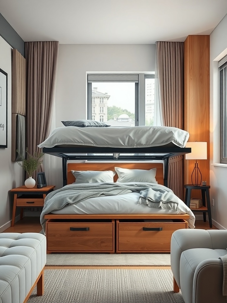 A stylish bedroom with a bed that has under-bed storage drawers.