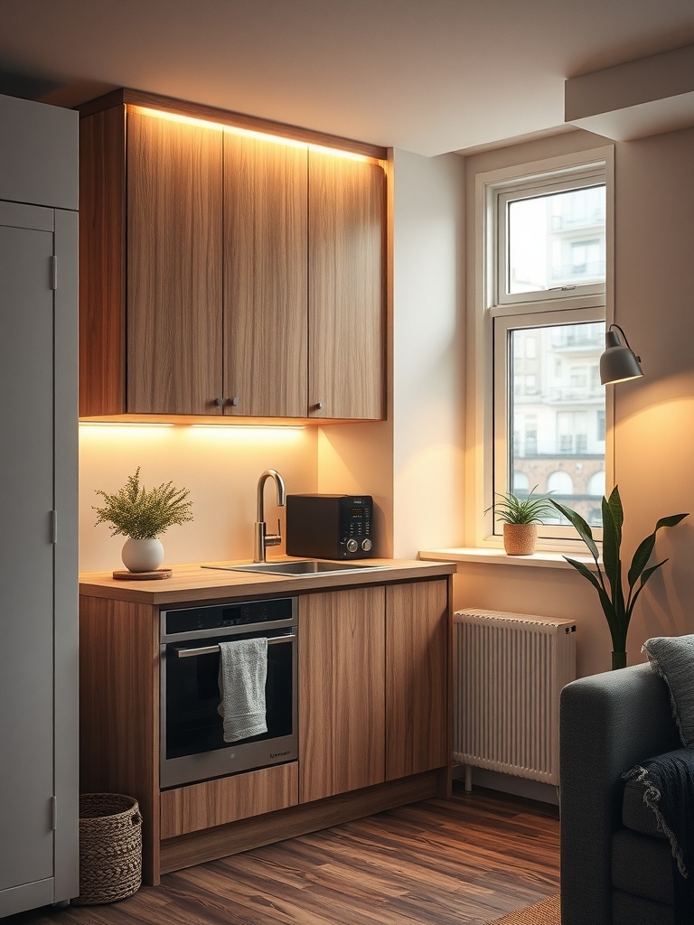 A small kitchen with warm under-cabinet lighting illuminating wooden cabinets and countertop.