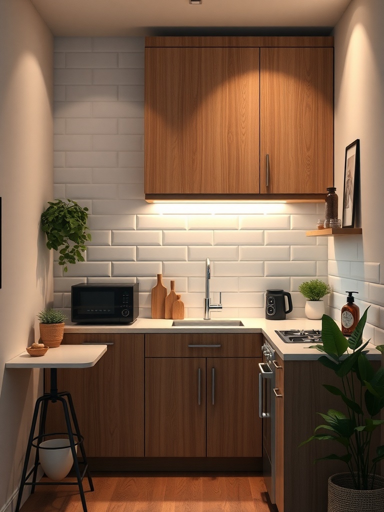 A small kitchen with under-cabinet lighting illuminating the countertops.