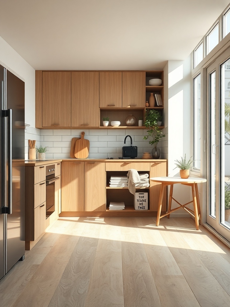 A modern kitchen with wooden cabinets and a small round table, showcasing a bright and organized space.