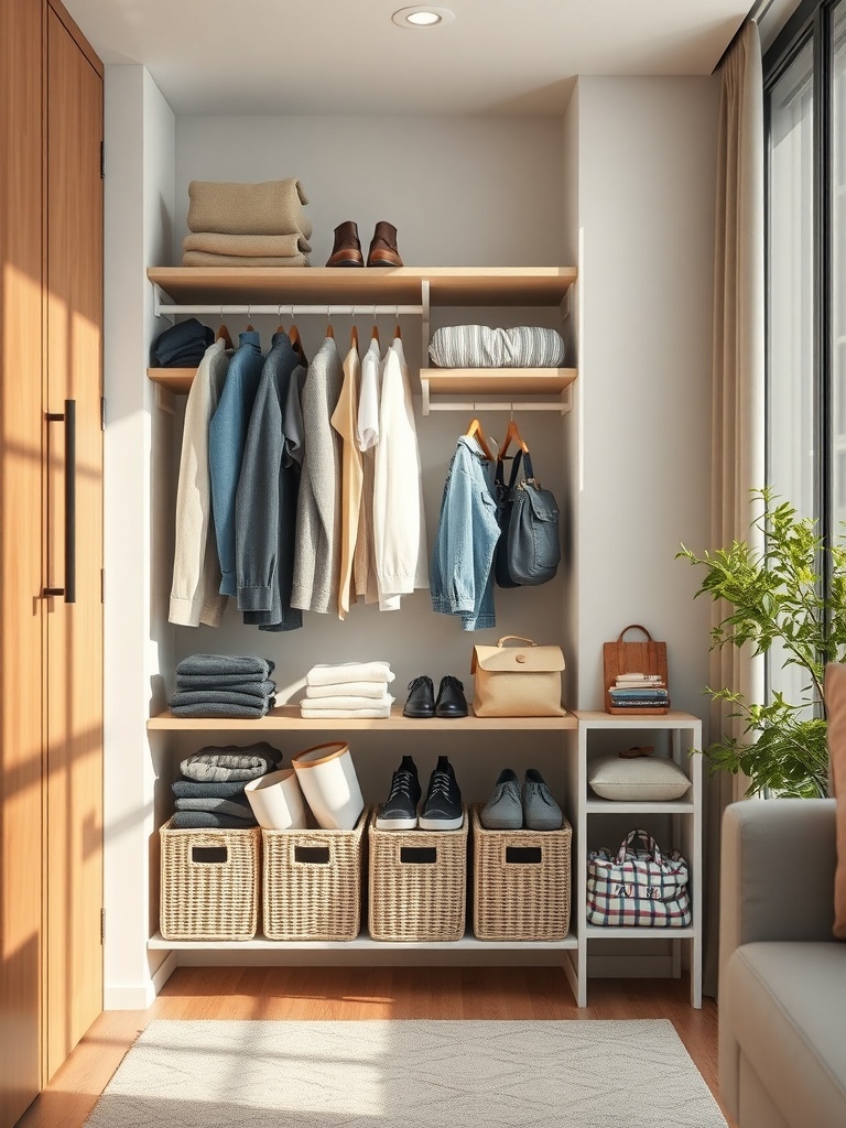 A well-organized closet featuring under-shelf baskets for storage.