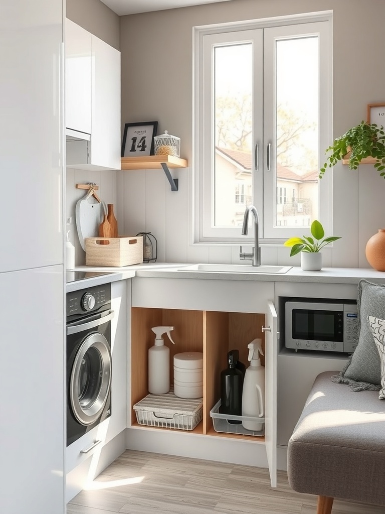 A small kitchen with organized under-sink storage, featuring cleaning supplies and a microwave.