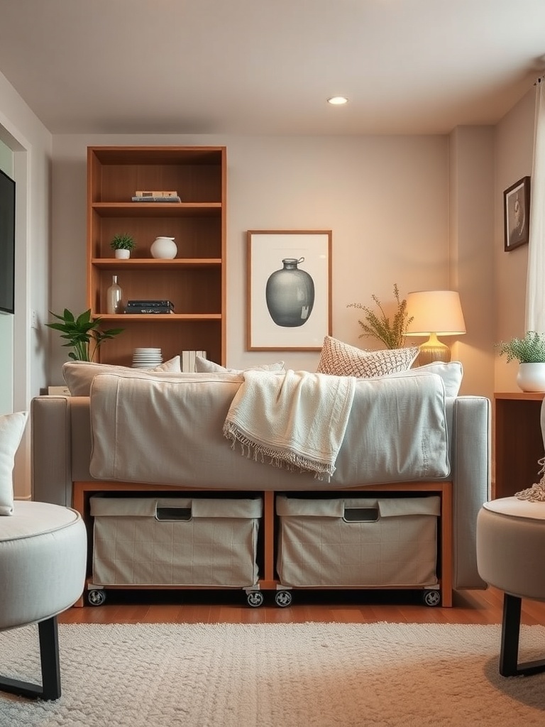 A cozy living room featuring a sofa with under-sofa storage bins, showcasing a stylish and organized space.