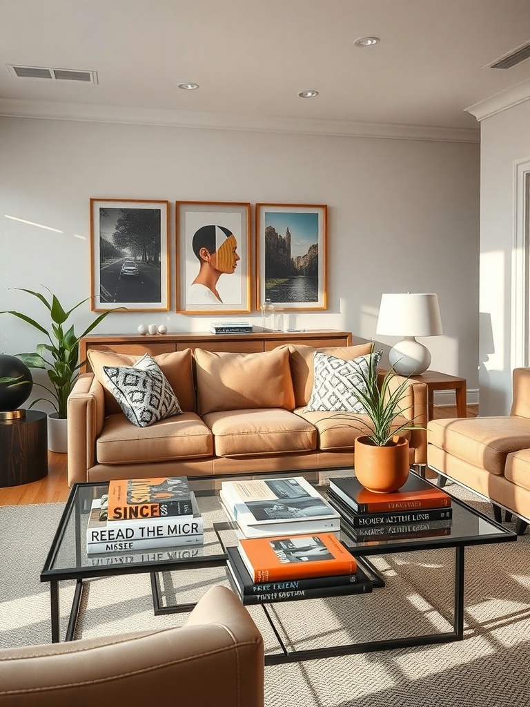 A stylish living room with a glass coffee table displaying unique coffee table books, warm-toned furniture, and wall art.