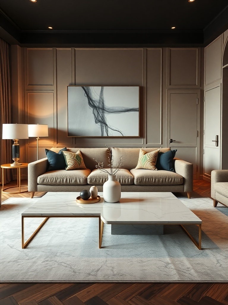 A stylish living room featuring a modern coffee table with a marble top and gold legs, surrounded by a cozy sofa and elegant decor.
