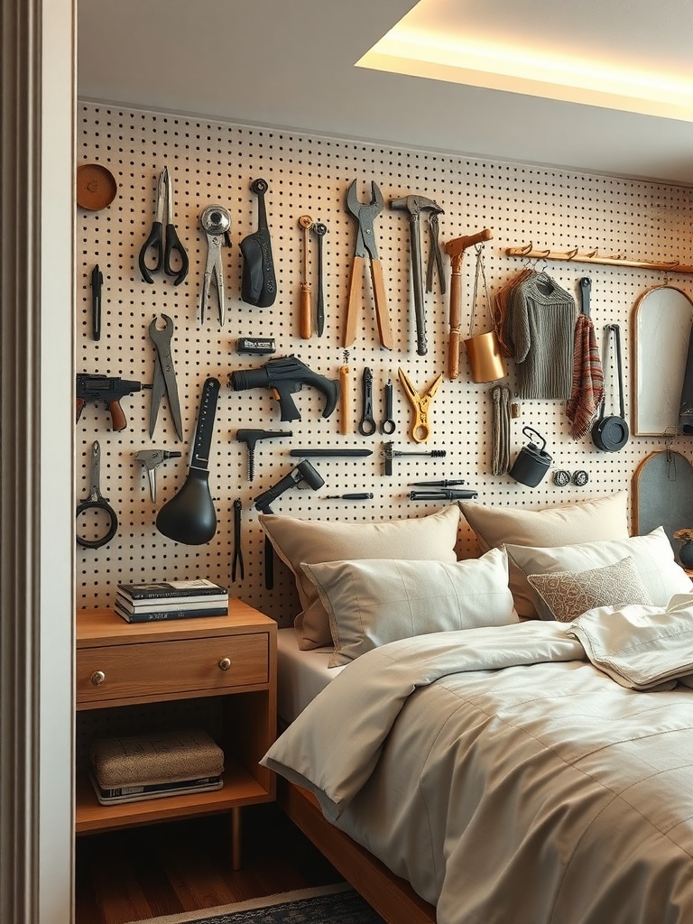 A pegboard filled with various tools, including scissors, wrenches, and a lamp, organized neatly above a bed.