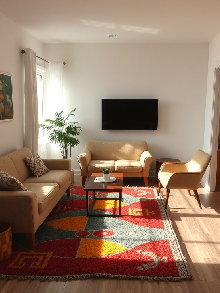 Cozy living room with a colorful area rug, two sofas, and a coffee table.