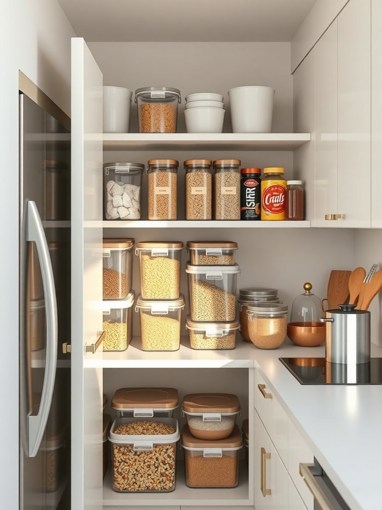 Organized pantry with clear containers and various food items