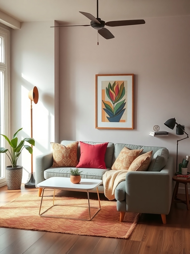 A cozy small living room with a blue couch, colorful pillows, and a plant.