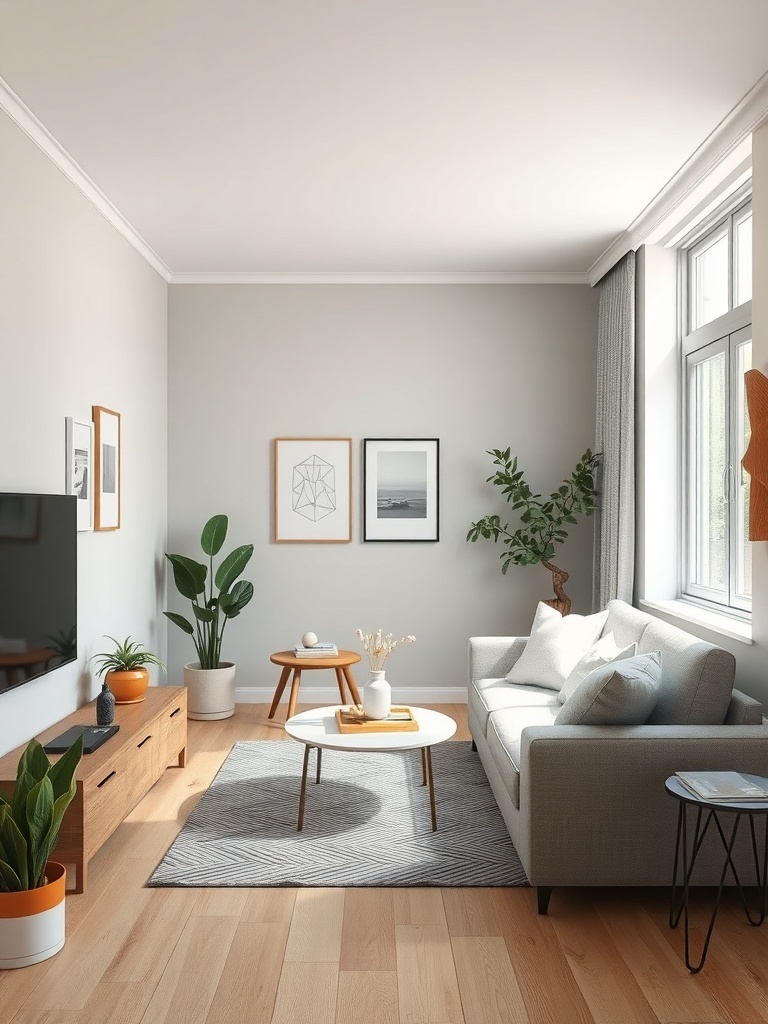 A cozy small apartment living room with neutral tones and plants.