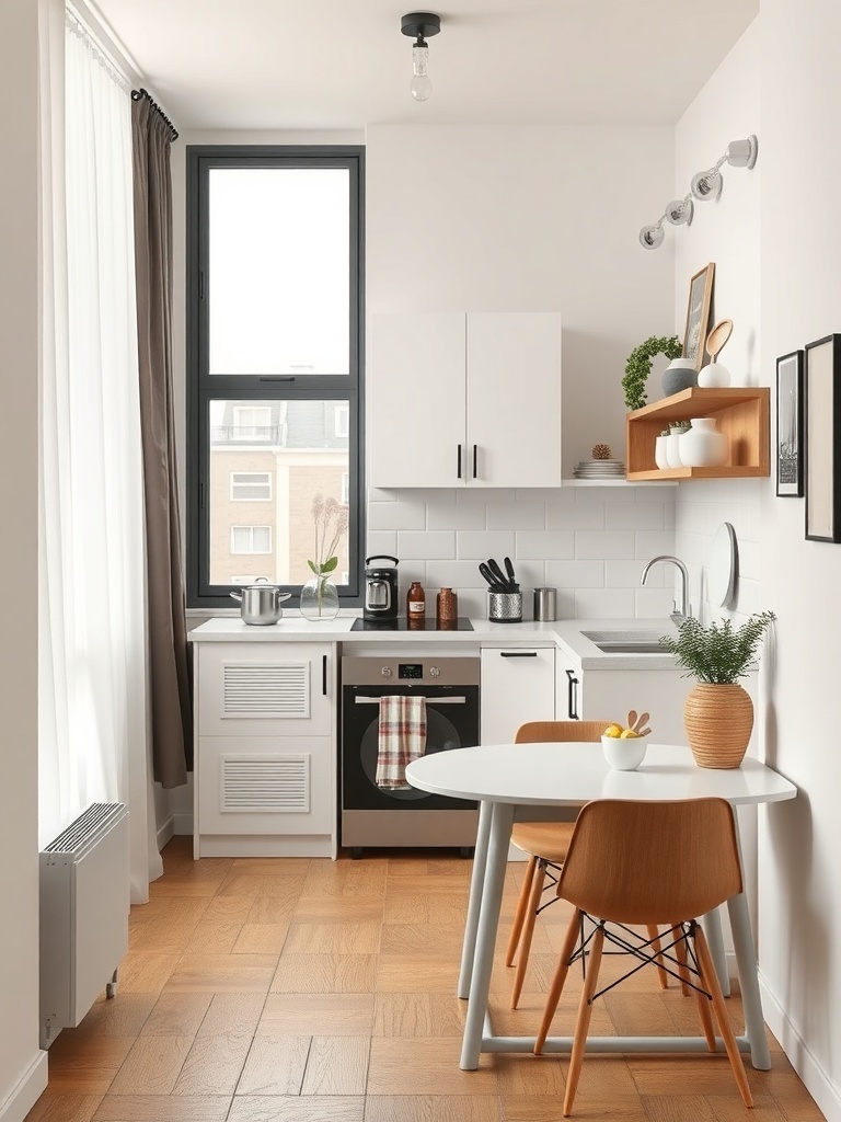 A small apartment kitchen with white cabinets, a round table, and warm wood flooring.