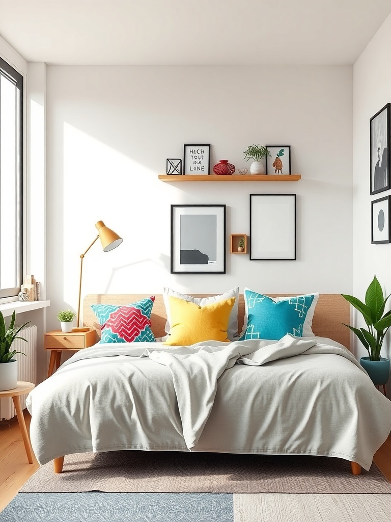 A small bedroom with colorful pillows on a bed, light wood furniture, and wall art.