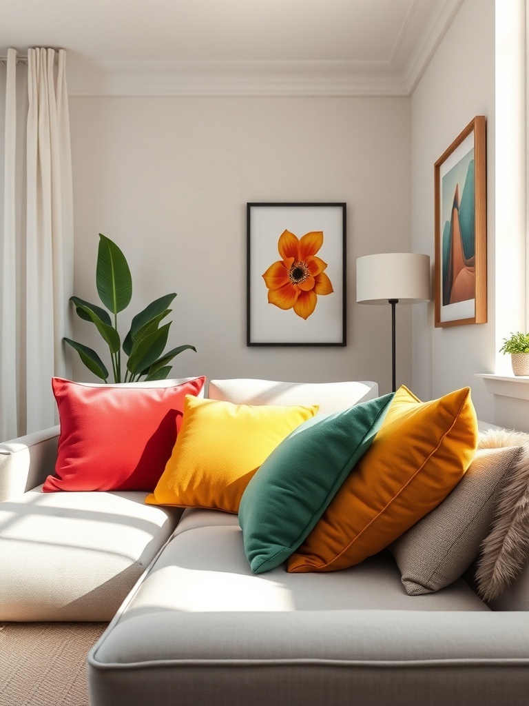 A cozy living room with a neutral sofa and colorful cushions in red, yellow, and green, along with a plant and framed artwork on the wall.