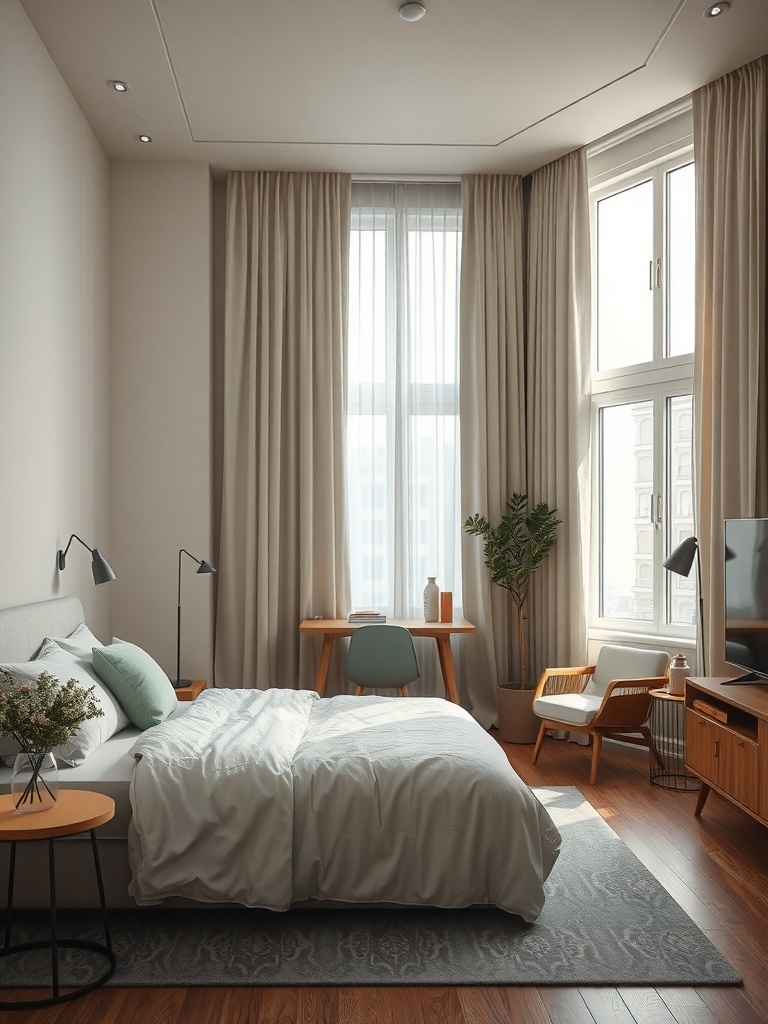 A cozy small apartment bedroom with light curtains and a simple design.
