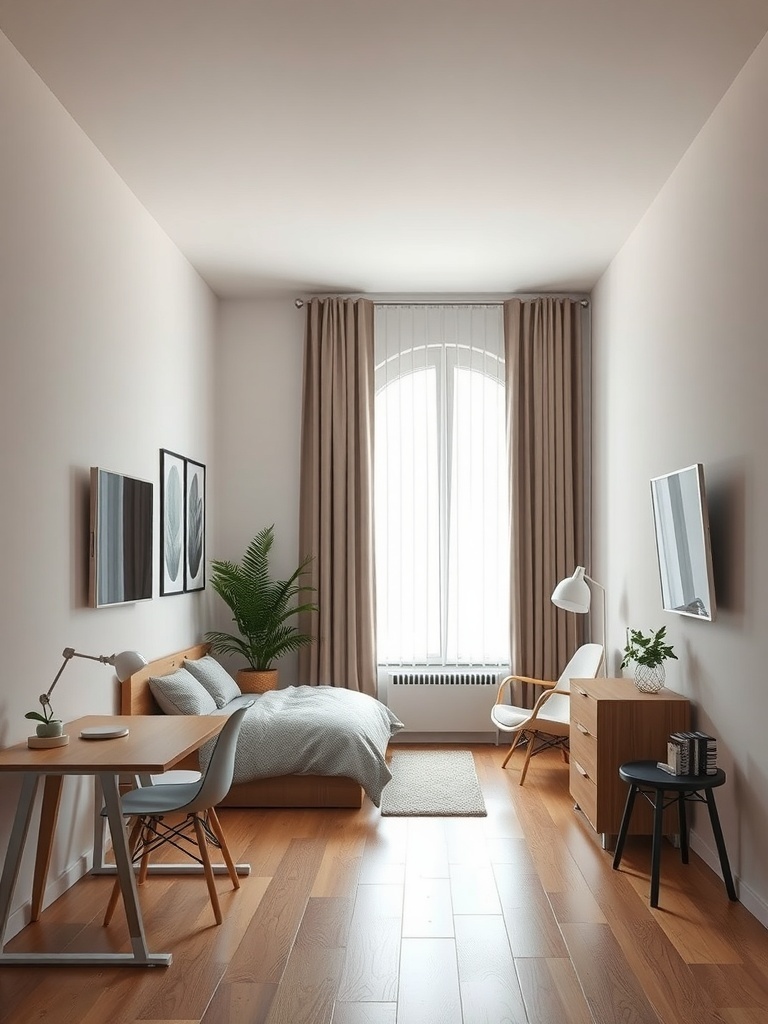 A small apartment with a bed, desk, and curtains dividing the space.