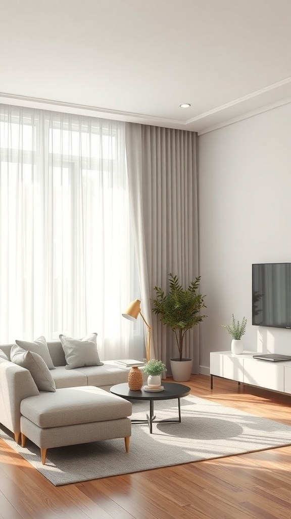 Bright living room with light curtains and modern decor