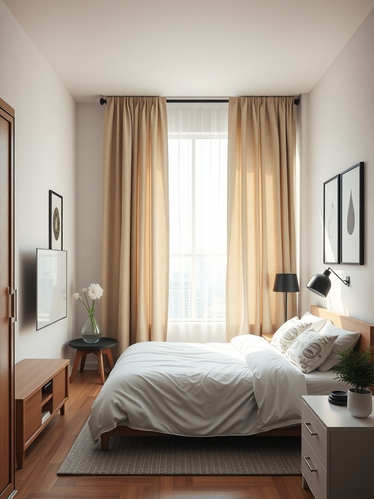 A cozy small bedroom featuring light-colored curtains that enhance privacy while allowing natural light to enter.