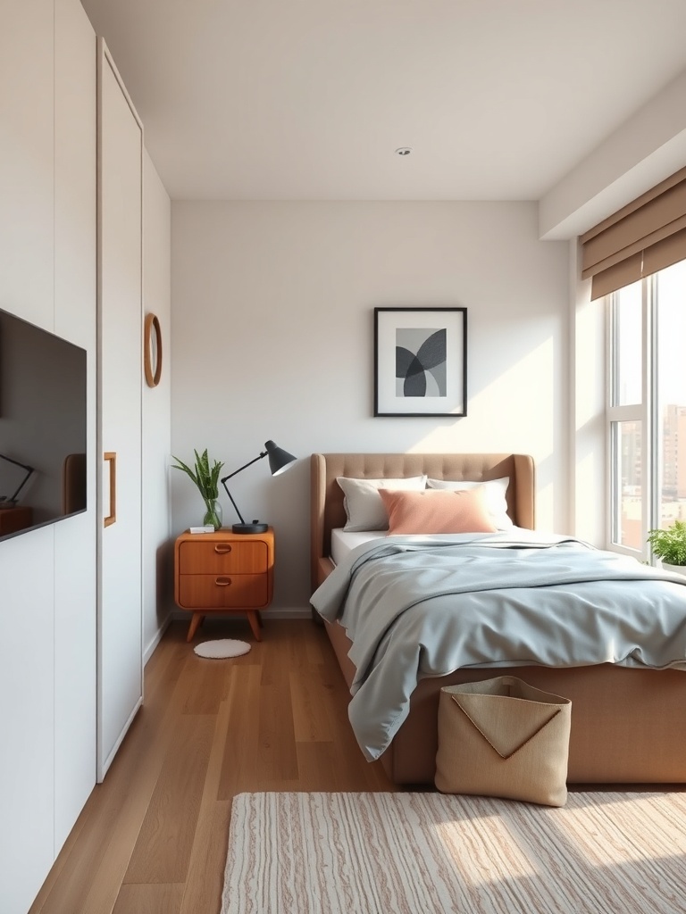 A cozy small bedroom featuring a bed, decorative storage bins, and a warm color palette.
