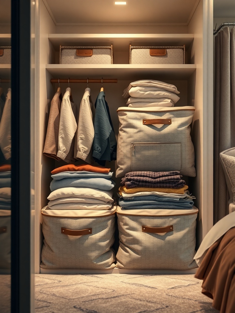 A well-organized closet featuring fabric storage bags filled with neatly folded clothes.