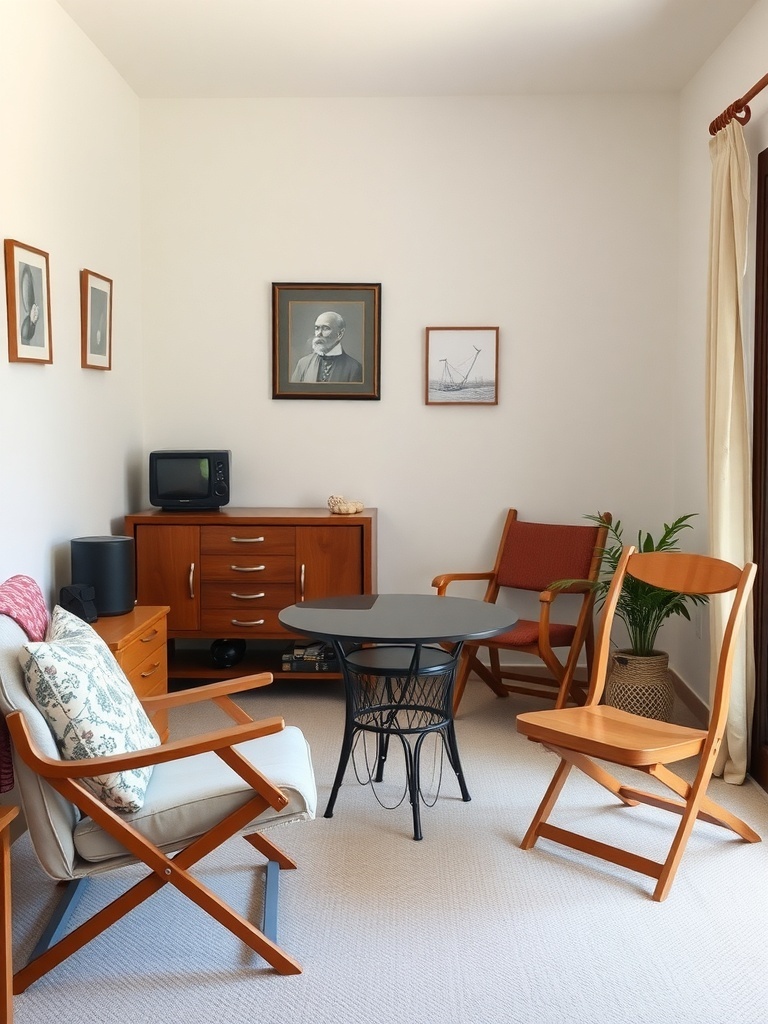 A small living room with foldable furniture, including chairs and a round table, showcasing a cozy and functional design.