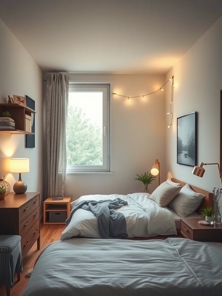 A cozy small bedroom with layered lighting, featuring bedside lamps and string lights.