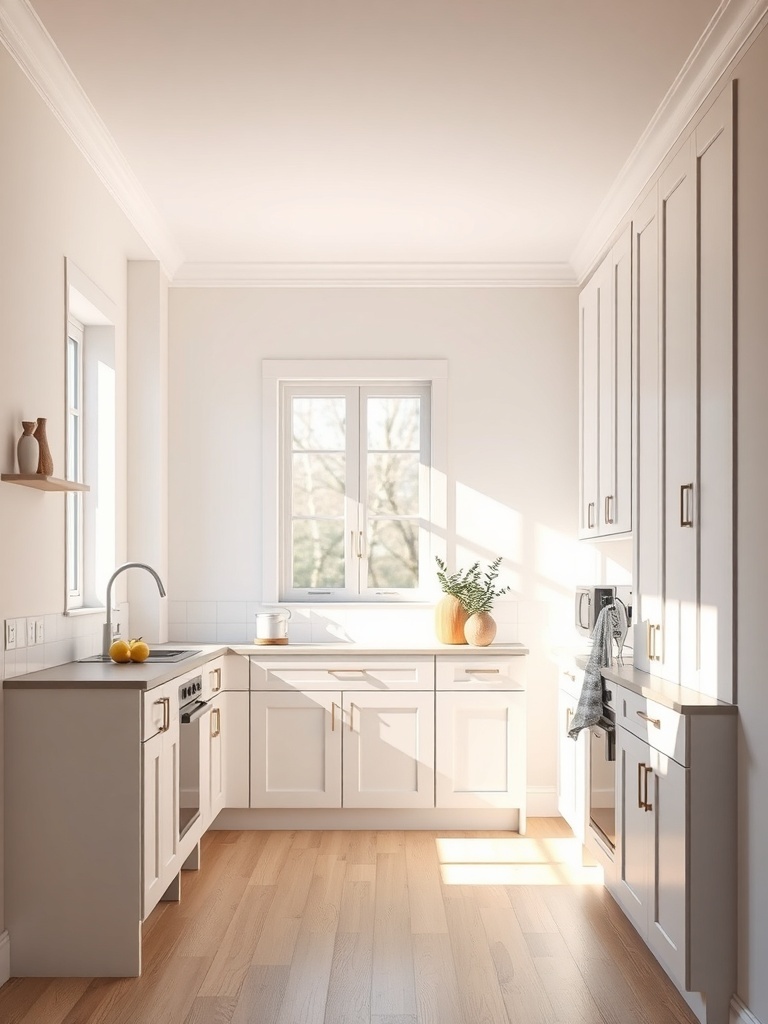 A bright and airy kitchen with light-colored cabinets and wooden flooring, showcasing a spacious feel.