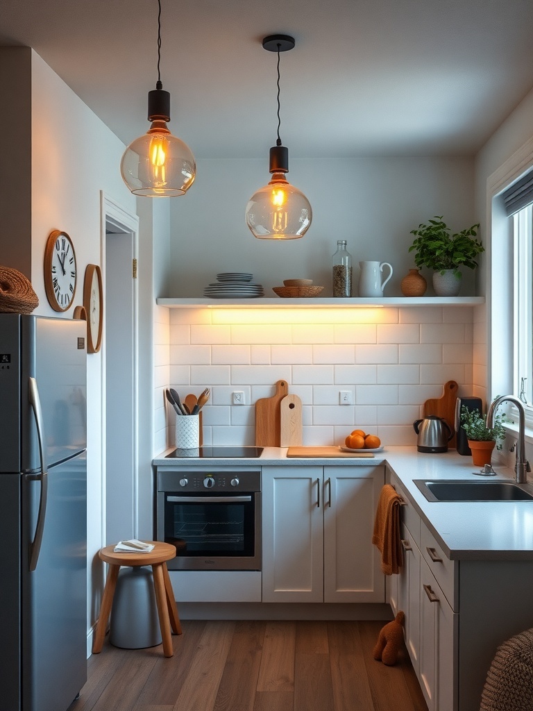 A small kitchen with pendant lights and under-cabinet lighting.