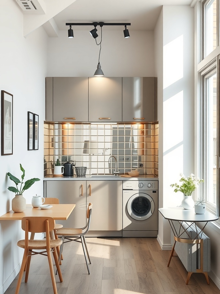 A small apartment kitchen featuring a mirror that enhances the sense of space.
