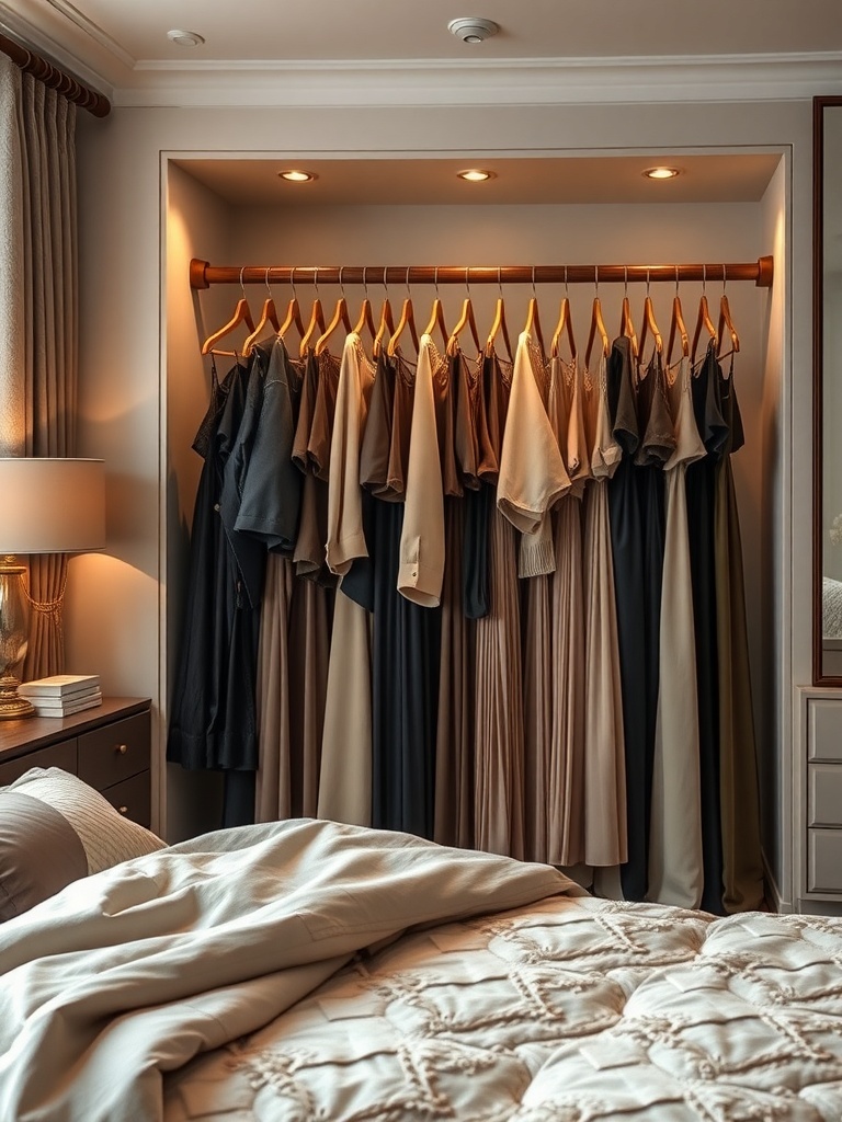 A neatly organized closet with multi-tiered hangers displaying various dresses.