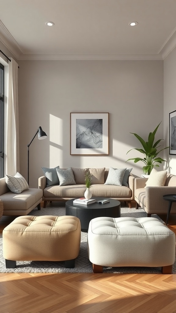 Cozy living room featuring two stylish ottomans and a round coffee table.
