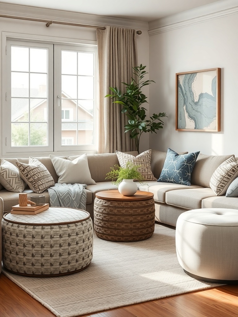 Cozy living room with sectional sofa and stylish ottomans