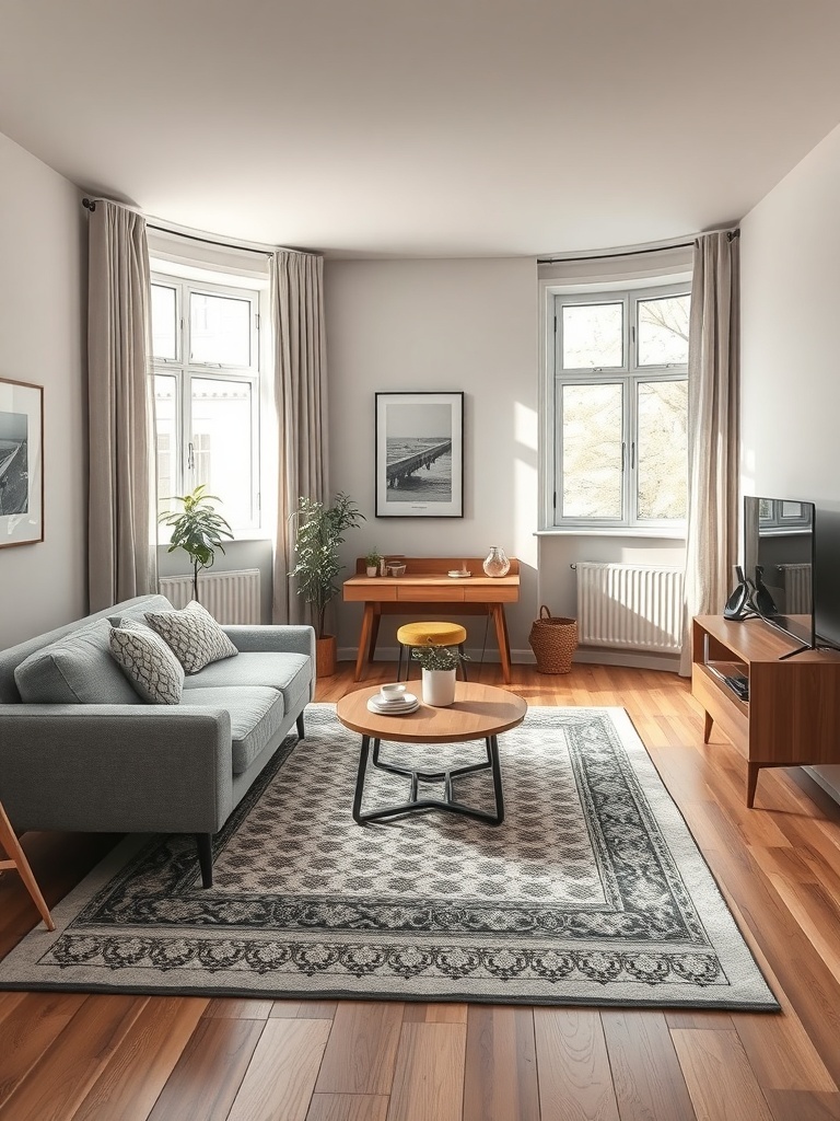 A cozy small living room with a rug defining the seating area.