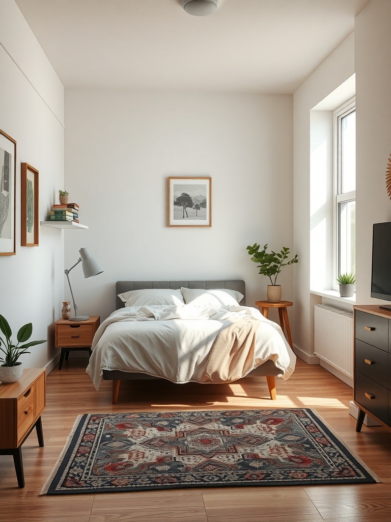 Cozy small apartment bedroom with a patterned rug under the bed, wooden furniture, and natural light.