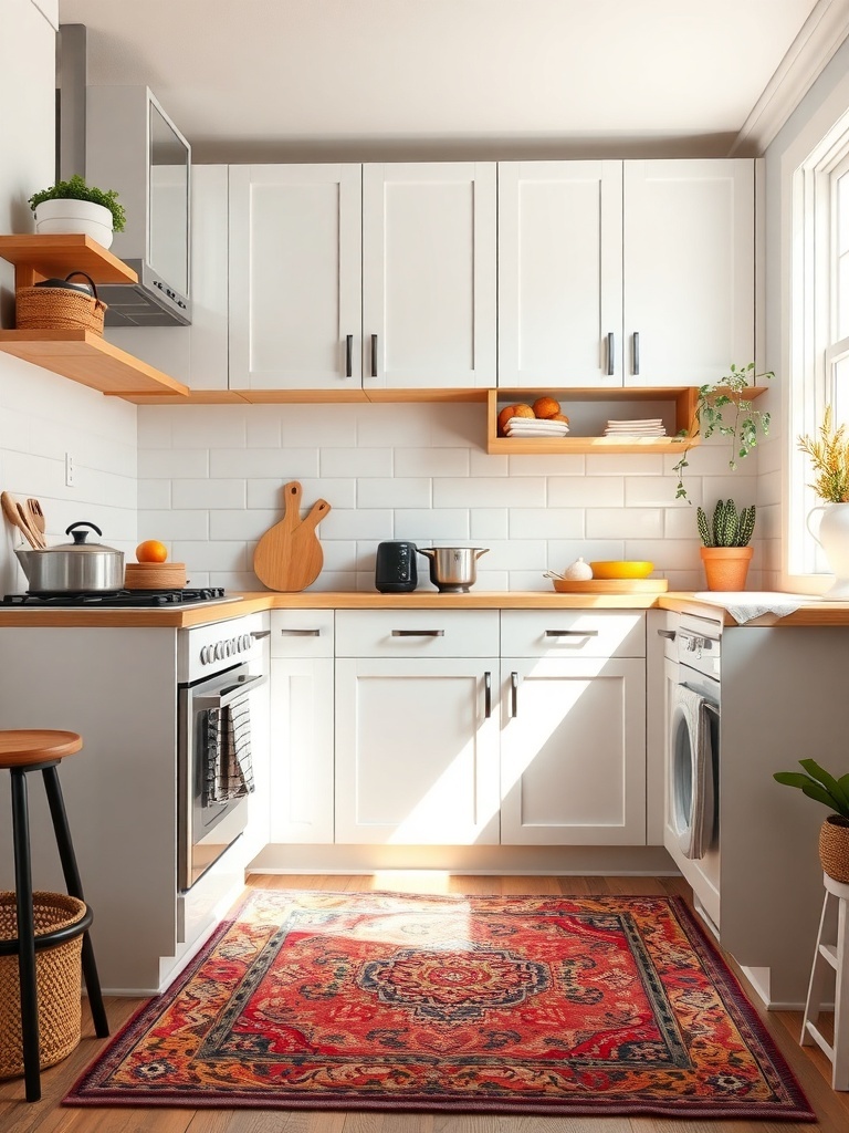 A small apartment kitchen featuring a colorful rug that defines the cooking area.