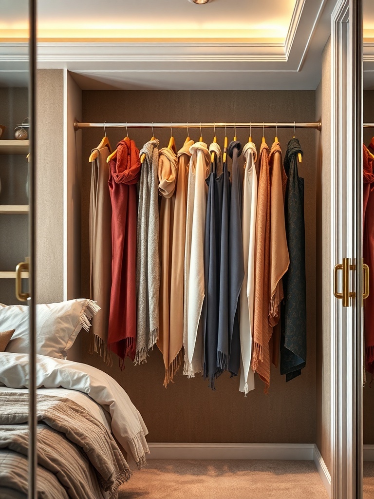 A closet with a tension rod holding various scarves neatly organized.