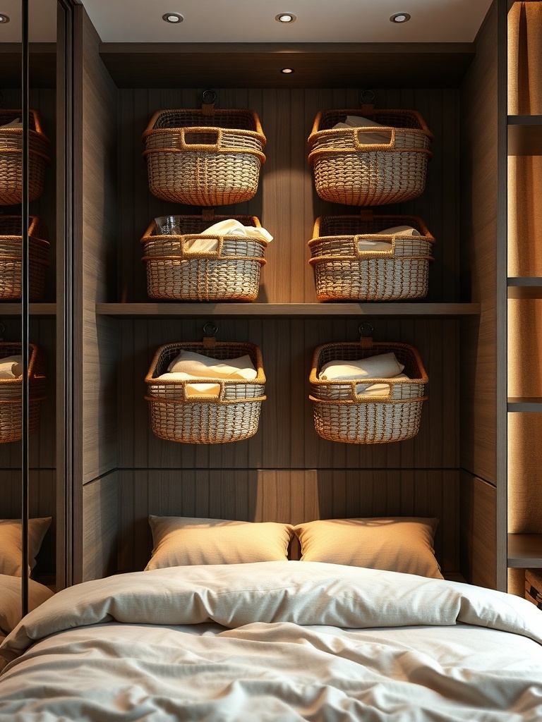 A small closet featuring wall-mounted woven baskets filled with neatly folded items.