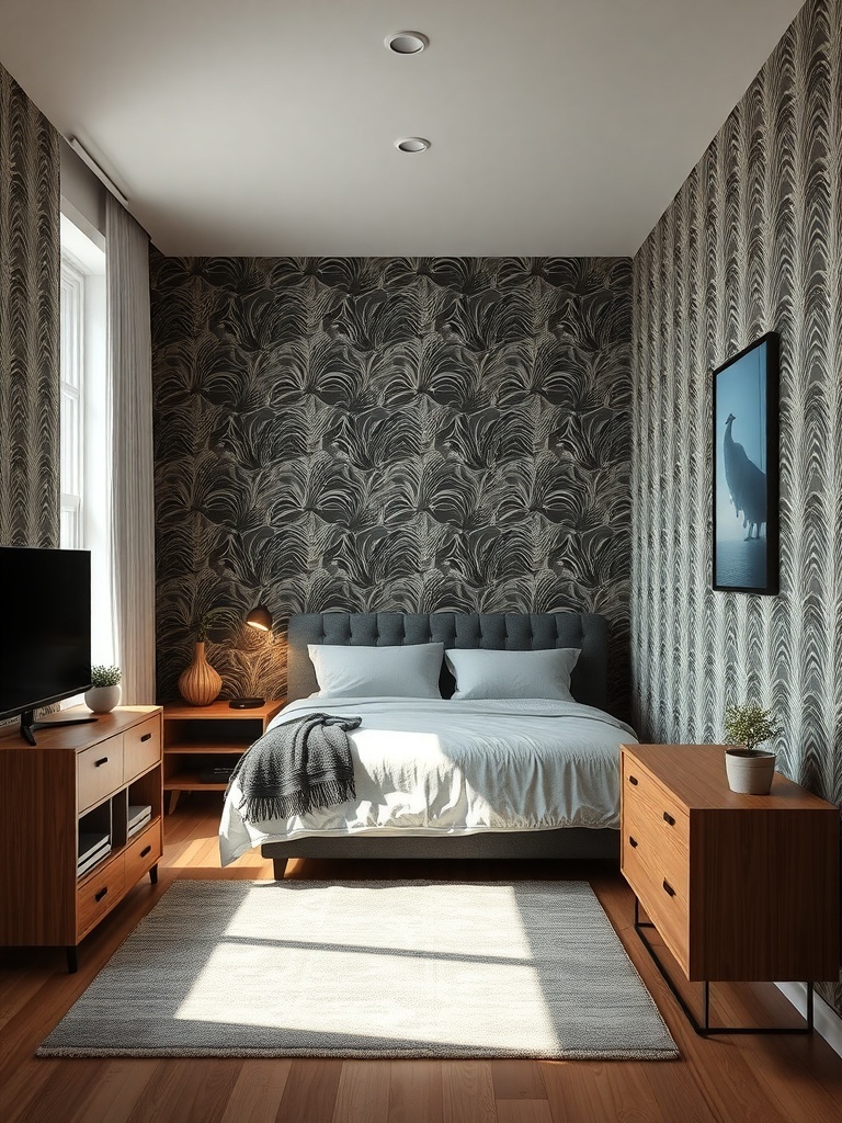 A small bedroom featuring stylish wallpaper with a dark pattern, light bedding, and wooden furniture.