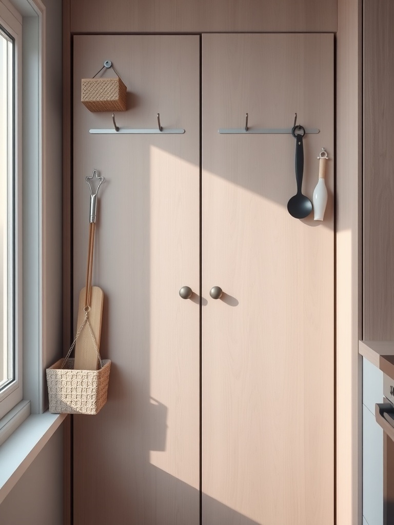 Cabinet doors with hooks and a basket for kitchen storage.