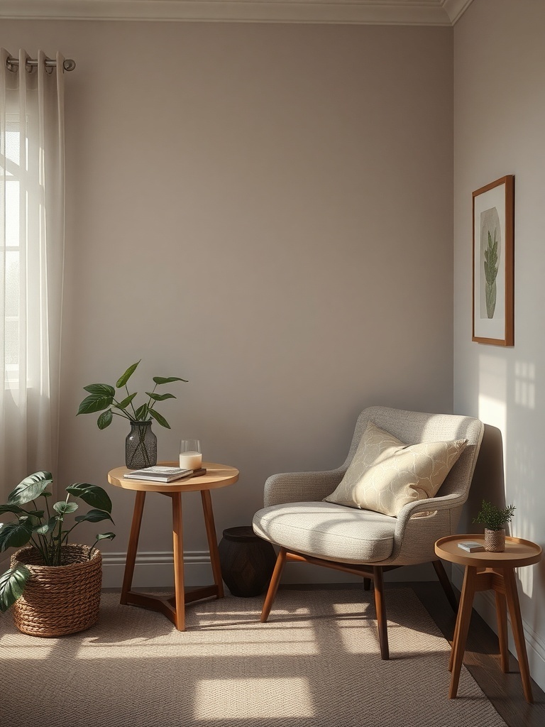 Cozy corner in a small living room with a chair, side tables, and plants.